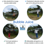 Collage a quattro vignette di bambine sulla spiaggia: in ciascuna creano bolle giganti con diversi attrezzi (cerchietto, bacchetta, cerchio largo)