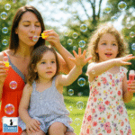 Mamma sorridente che soffia bolle di sapone giganti insieme alle sue due bambine in un giardino soleggiato.