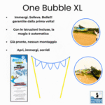Dettagli delle bacchette MultiBubble e foto di bambini che giocano con bolle giganti