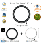 Kit per bolle di sapone giganti con cerchio da 70 cm e base con canalina, ideale per spettacoli e laboratori all’aperto.