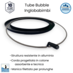 Vista angolata del cerchio Tube Bubble per inglobare bambini nelle bolle, con badge di garanzia e caratteristiche evidenziate