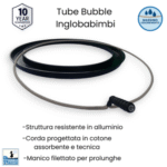 Vista angolata del cerchio Tube Bubble per inglobare bambini nelle bolle, con badge di garanzia e caratteristiche evidenziate