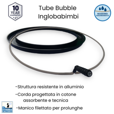 Vista angolata del cerchio Tube Bubble per inglobare bambini nelle bolle, con badge di garanzia e caratteristiche evidenziate