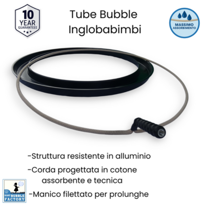 Vista angolata del cerchio Tube Bubble per inglobare bambini nelle bolle, con badge di garanzia e caratteristiche evidenziate