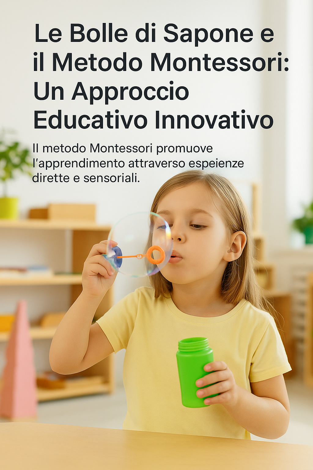 Bambino che gioca con le bolle di sapone in un’attività educativa ispirata al metodo Montessori.