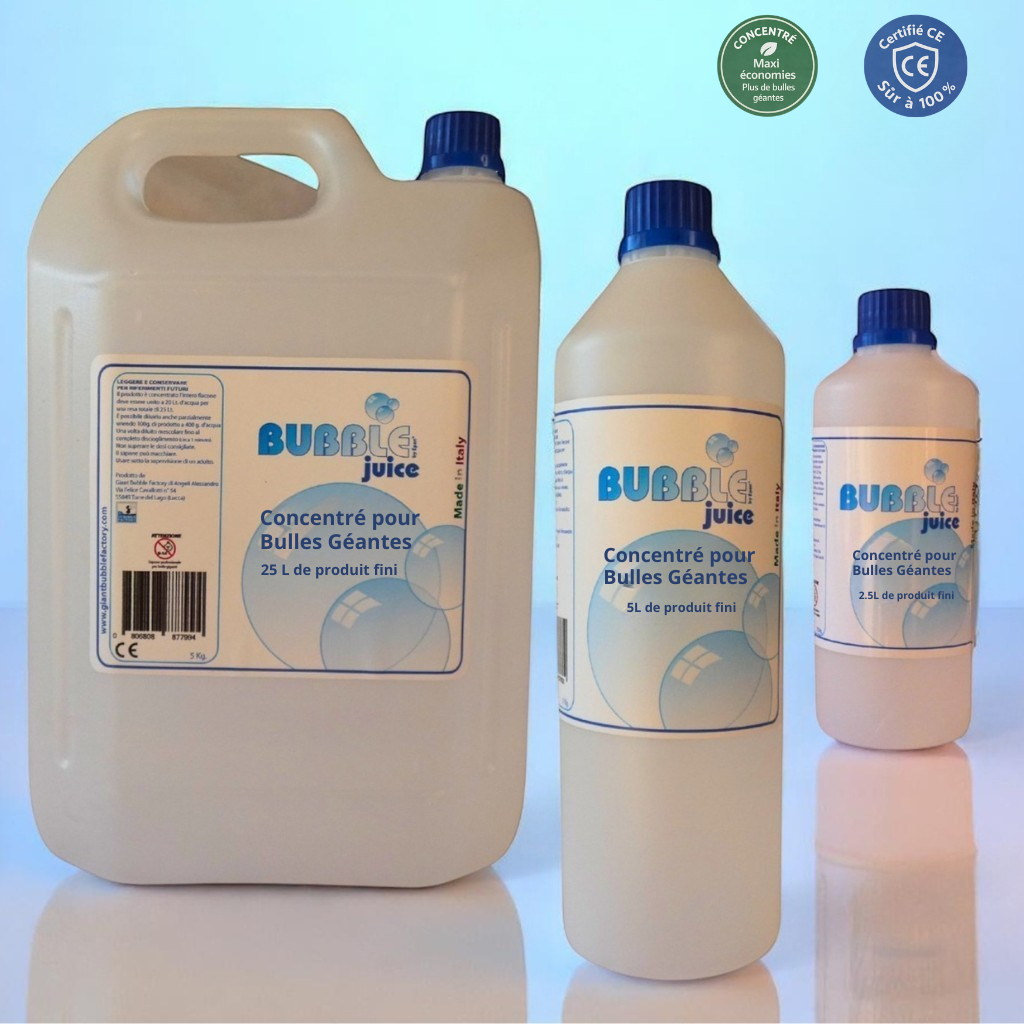 Flaconi di Bubble Juice Concentrato per bolle giganti in diversi formati, con bollini “massimo risparmio” e “certificato CE”.