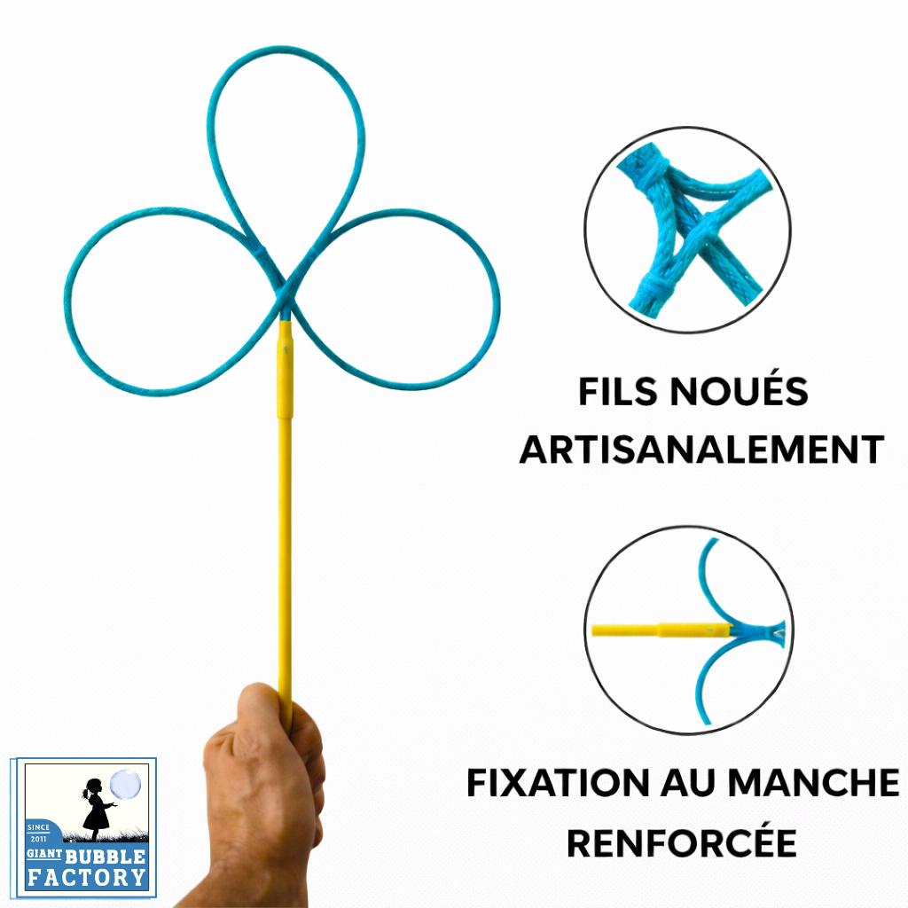 Clover XL trifoglio per bolle giganti, attrezzo professionale artigianale prodotto solo da Giant Bubble Factory, filo tecnico assorbente e manico rinforzato per spettacoli e animazioni.